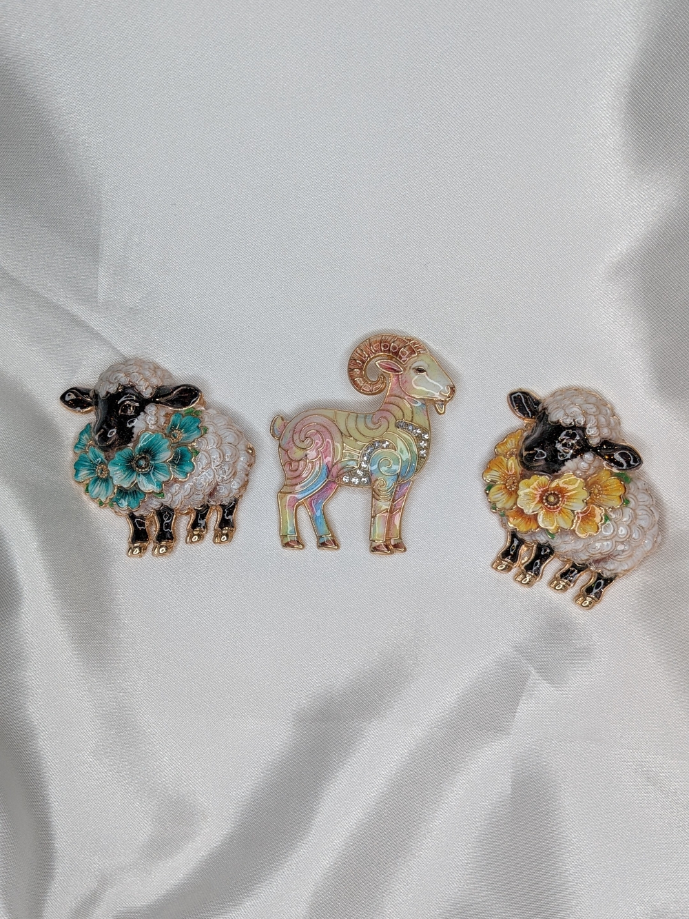 3pc Enamel Sheep Brooch Lot Floral Lamb Aries Ram Crystal Rhinestone Pins